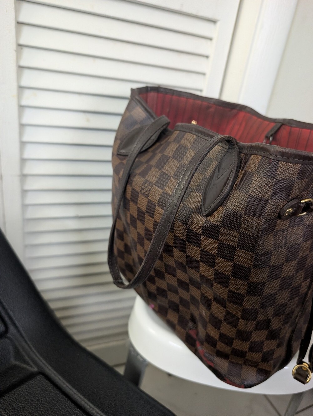 Louis Vuitton Neverfull Damier Canvas Brown and Red Shoulder Handbag